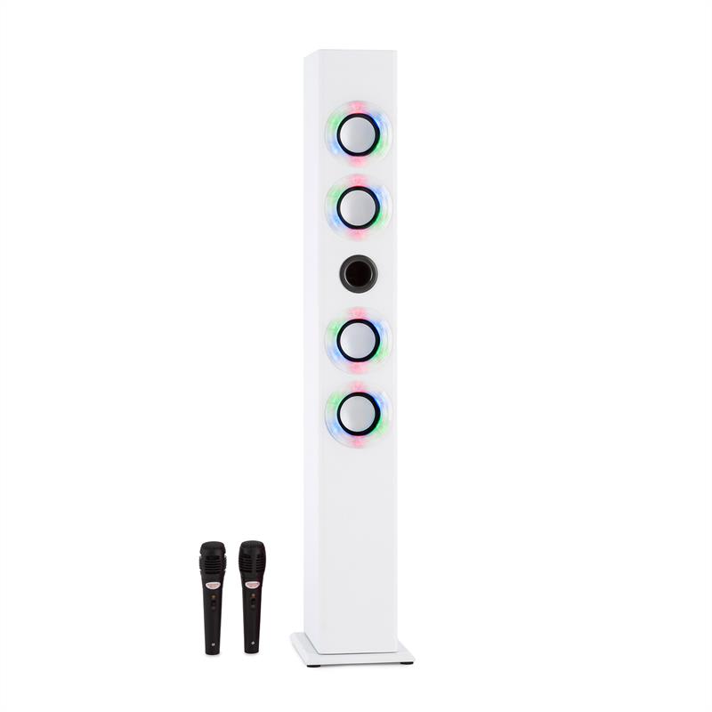 OneConcept Tallboy, biely, karaoke reproduktor, akumulátor, bluetooth, USB, SD, MP3, FM, AUX, 2 x mikrofón