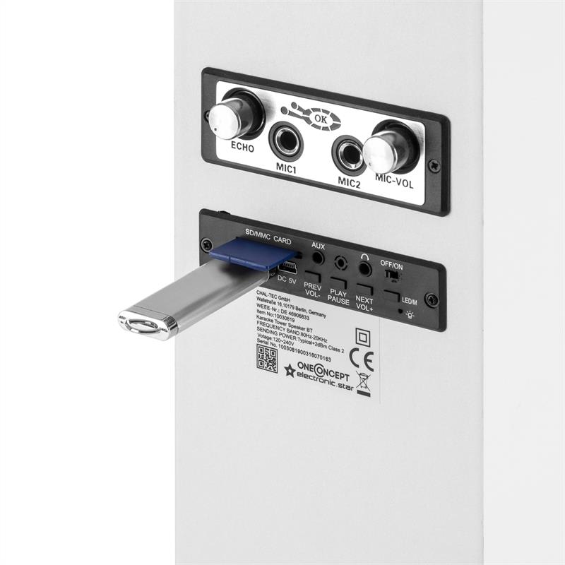 OneConcept Tallboy, biely, karaoke reproduktor, akumulátor, bluetooth, USB, SD, MP3, FM, AUX, 2 x mikrofón – Obrázok 4