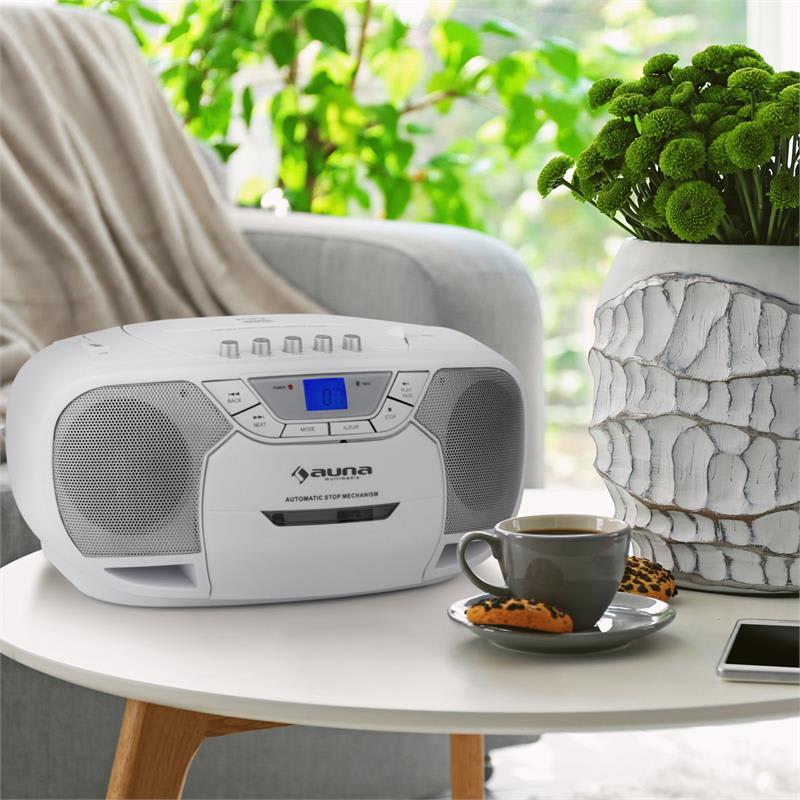 Auna BeeBerry Boom Box, biely, boombox, prenosné rádio, CD/MP3 prehrávač, kazetový prehrávač – Obrázok 2