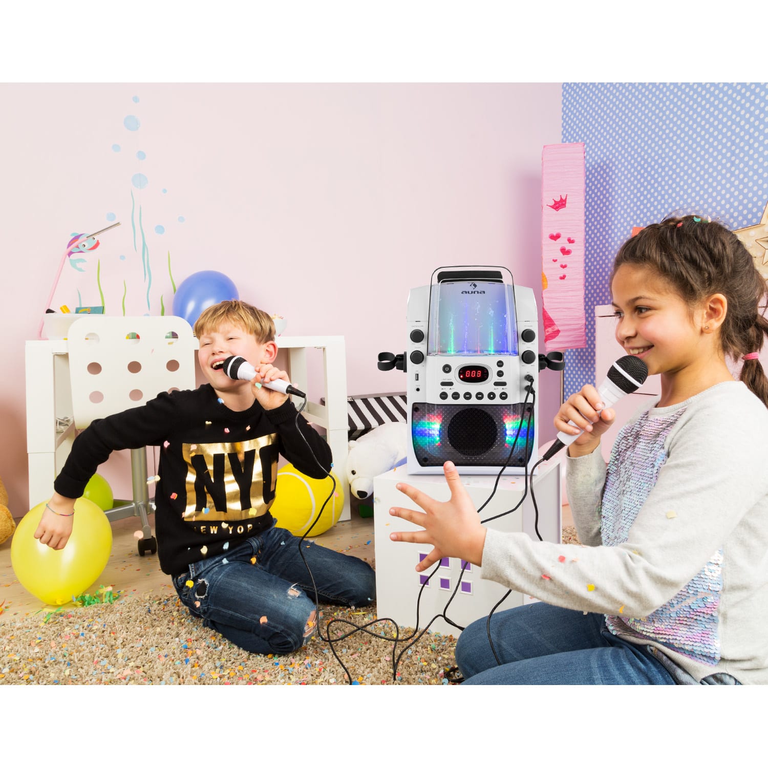 Auna Kara Liquida BT karaoke zariadenie, svetelná show, vodná fontána, bluetooth, biela/sivá farba – Obrázok 2