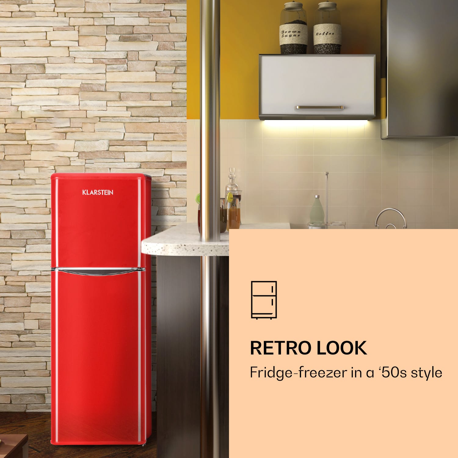 Klarstein Monroe XL Red kombinovaná chladnička s mrazničkou, 97/39 l, F, retrolook, červená farba – Obrázok 2