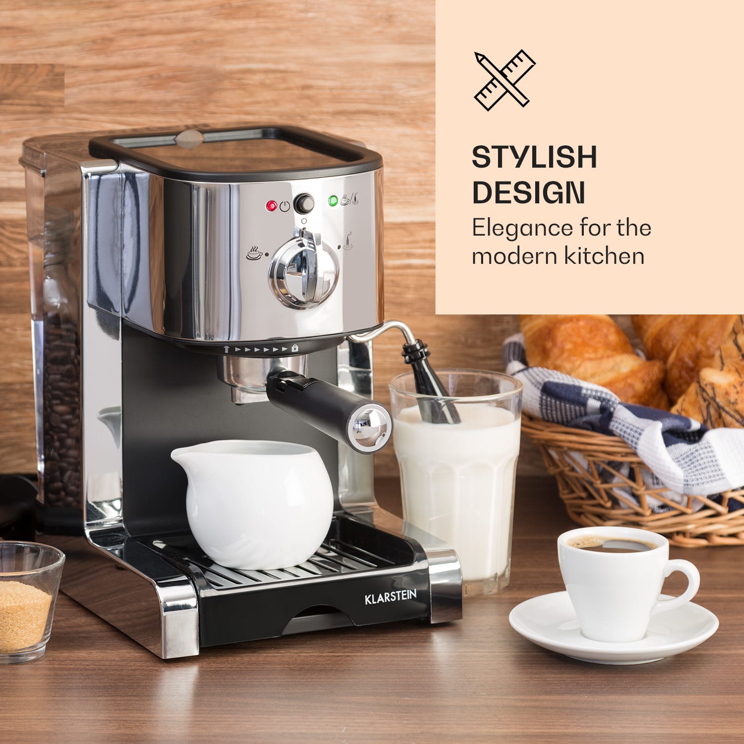 Klarstein Passionata 15, espresso kávovar, 15 barov, 6 šálok, 1,25 litra, mliečna pena – Obrázok 2