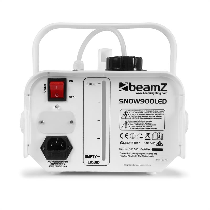 Beamz SNOW 900 LED, 900 W, biely, snehostroj s LED svetlami 3 v 1, 1 l nádrž, diaľkové ovládanie – Obrázok 2