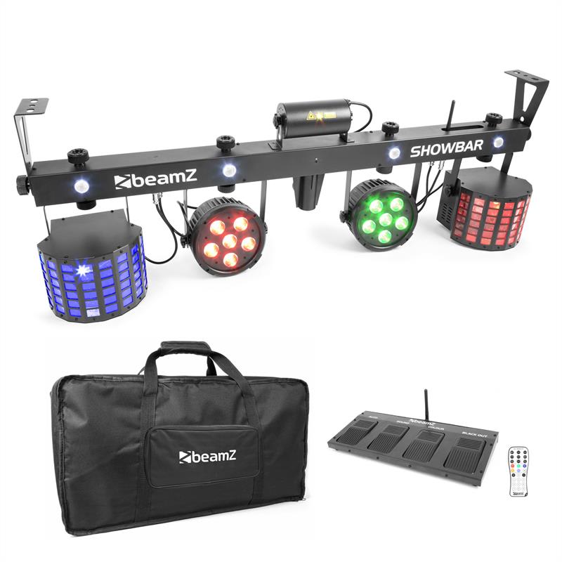 Beamz ShowBar 2x PAR 2x Butterfly R/G-Laser vrátane pedálového spínača a diaľkového ovládania