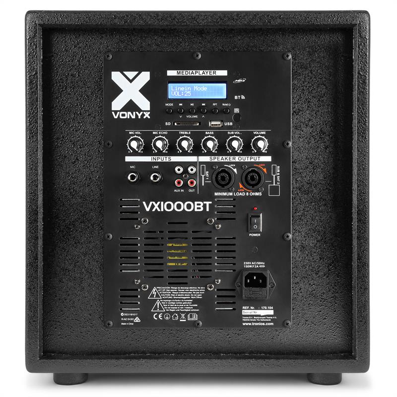 Vonyx VX1000BT 2.2 sada aktívnych reproduktorov 1000W 10"-subwoofer BT USB SD MIC AUX – Obrázok 3