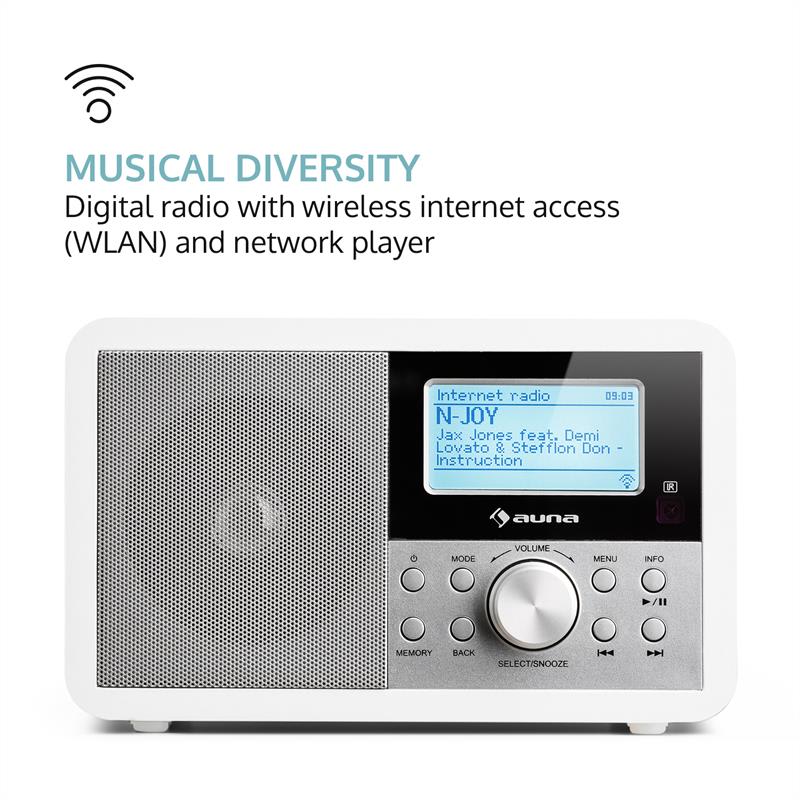 Auna Worldwide Mini, internetové rádio, WLAN, sieťový prehrávač, USB, MP3, AUX, FM tuner, biela farba – Obrázok 3