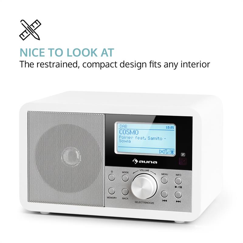 Auna Worldwide Mini, internetové rádio, WLAN, sieťový prehrávač, USB, MP3, AUX, FM tuner, biela farba – Obrázok 5