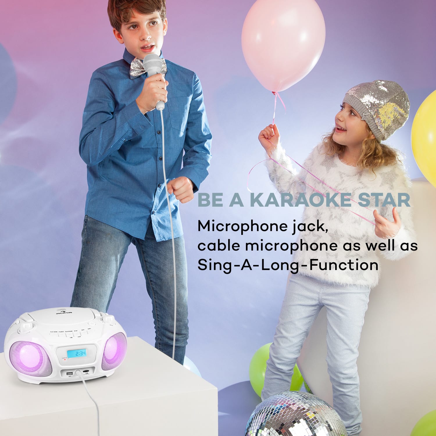 Auna Roadie Sing CD Boombox FM rádio Svetelná show CD prehrávač Mikrofón – Obrázok 2
