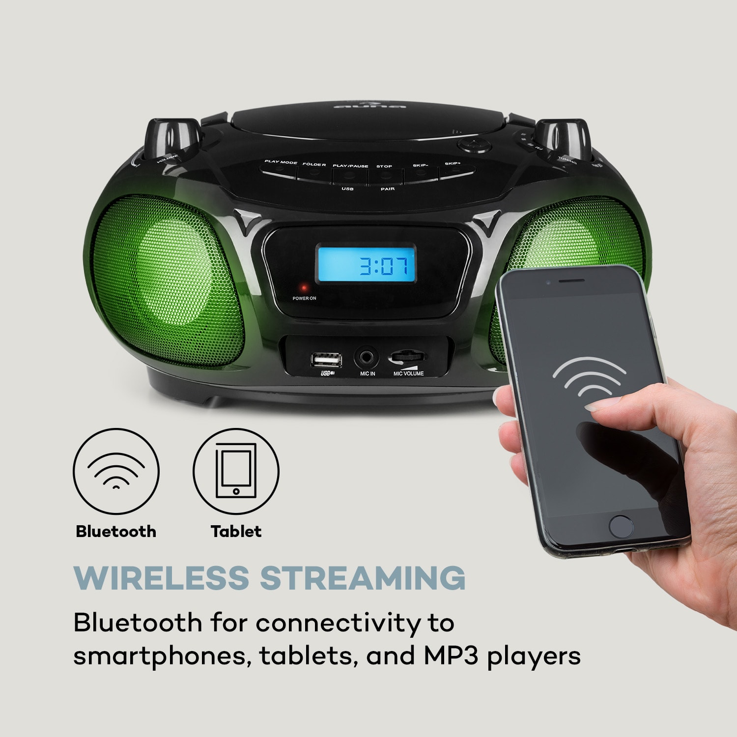 Auna Roadie Sing CD Boombox FM rádio Svetelná show CD prehrávač Mikrofón – Obrázok 3