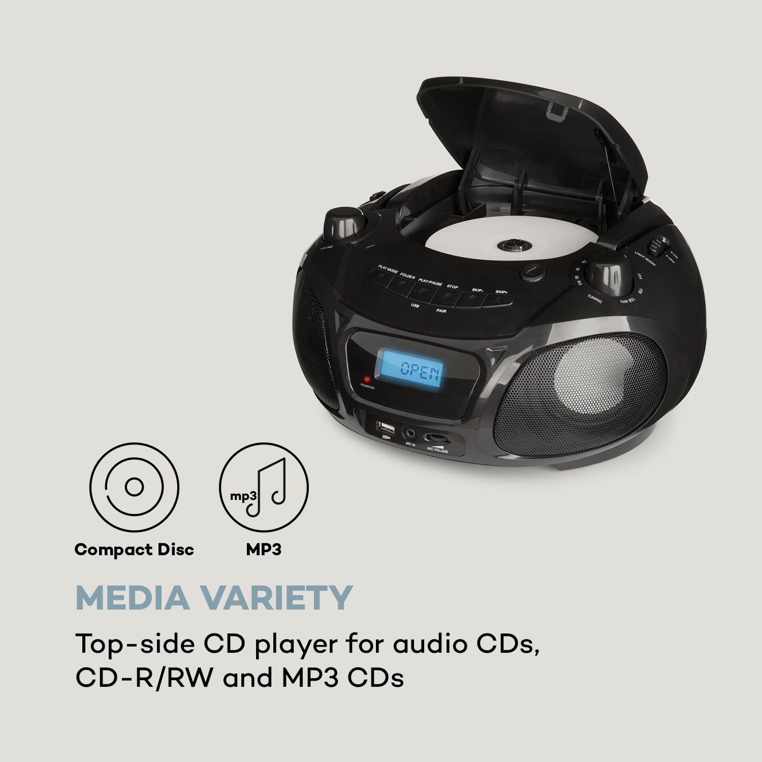 Auna Roadie Sing CD Boombox FM rádio Svetelná show CD prehrávač Mikrofón – Obrázok 5