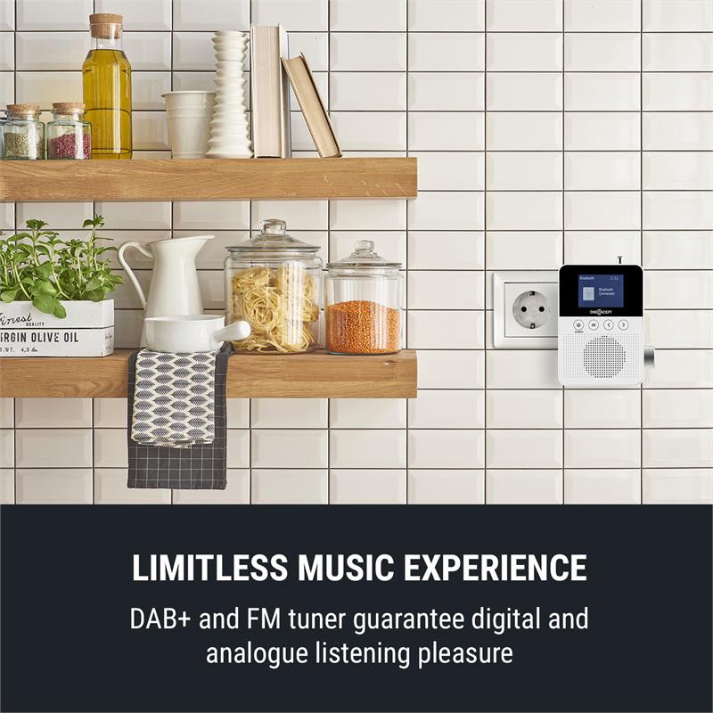 OneConcept Plug+Play DAB, rádio do zásuvky, DAB+/FM, BT, TFT displej, biele – Obrázok 2