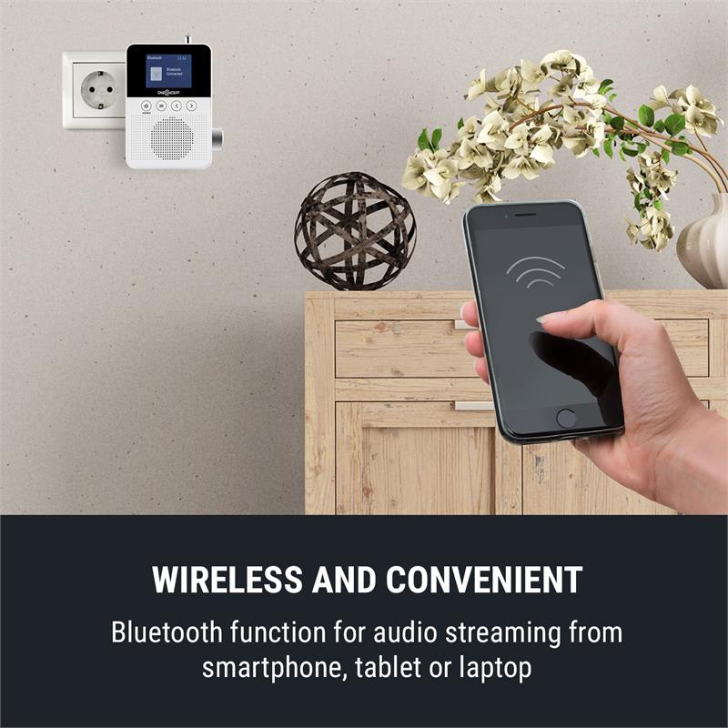 OneConcept Plug+Play DAB, rádio do zásuvky, DAB+/FM, BT, TFT displej, biele – Obrázok 3