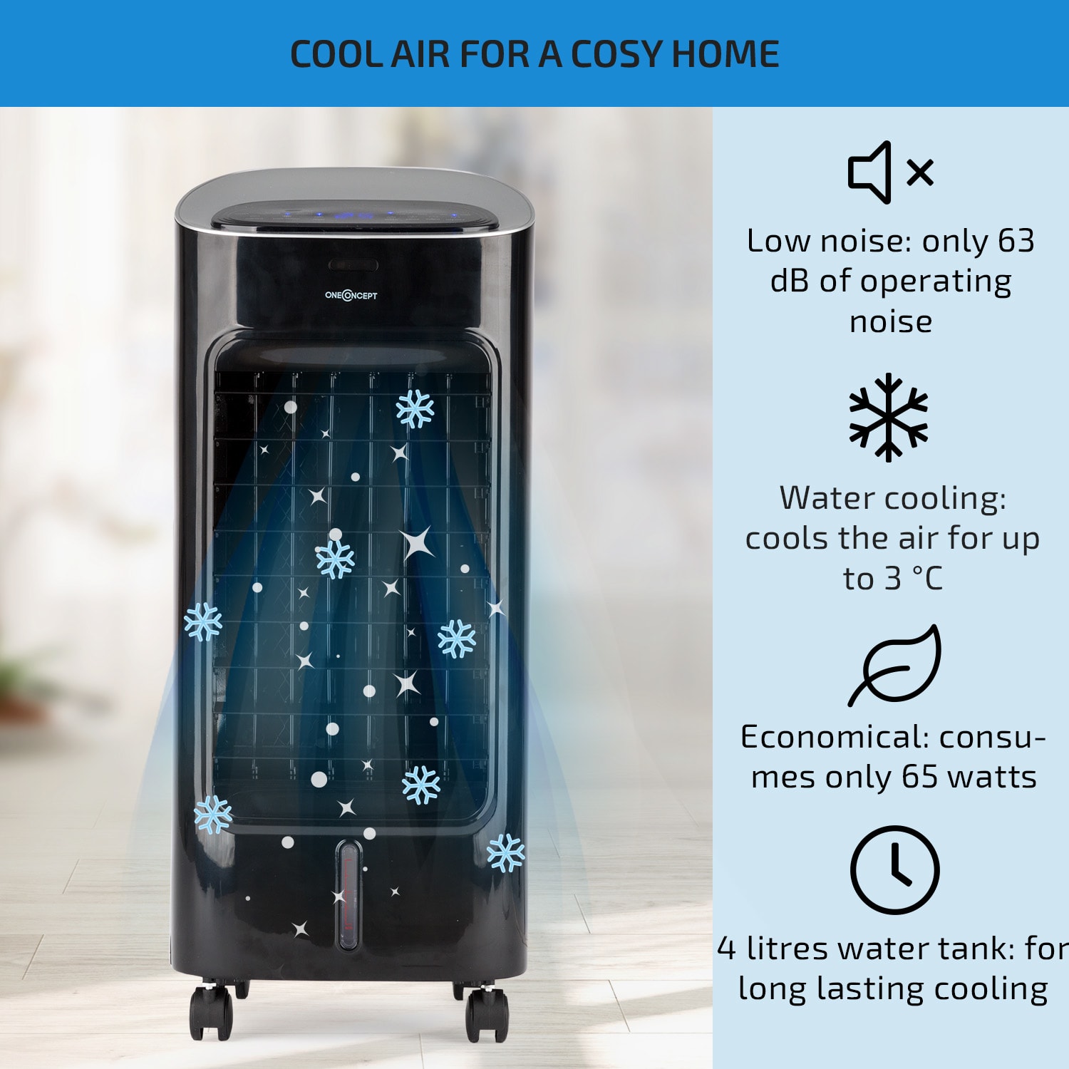 OneConcept Coolster, ochladzovač vzduchu, ventilátor, ionizátor, 60 W, 320 m³/h , 4 l, čierny – Obrázok 2