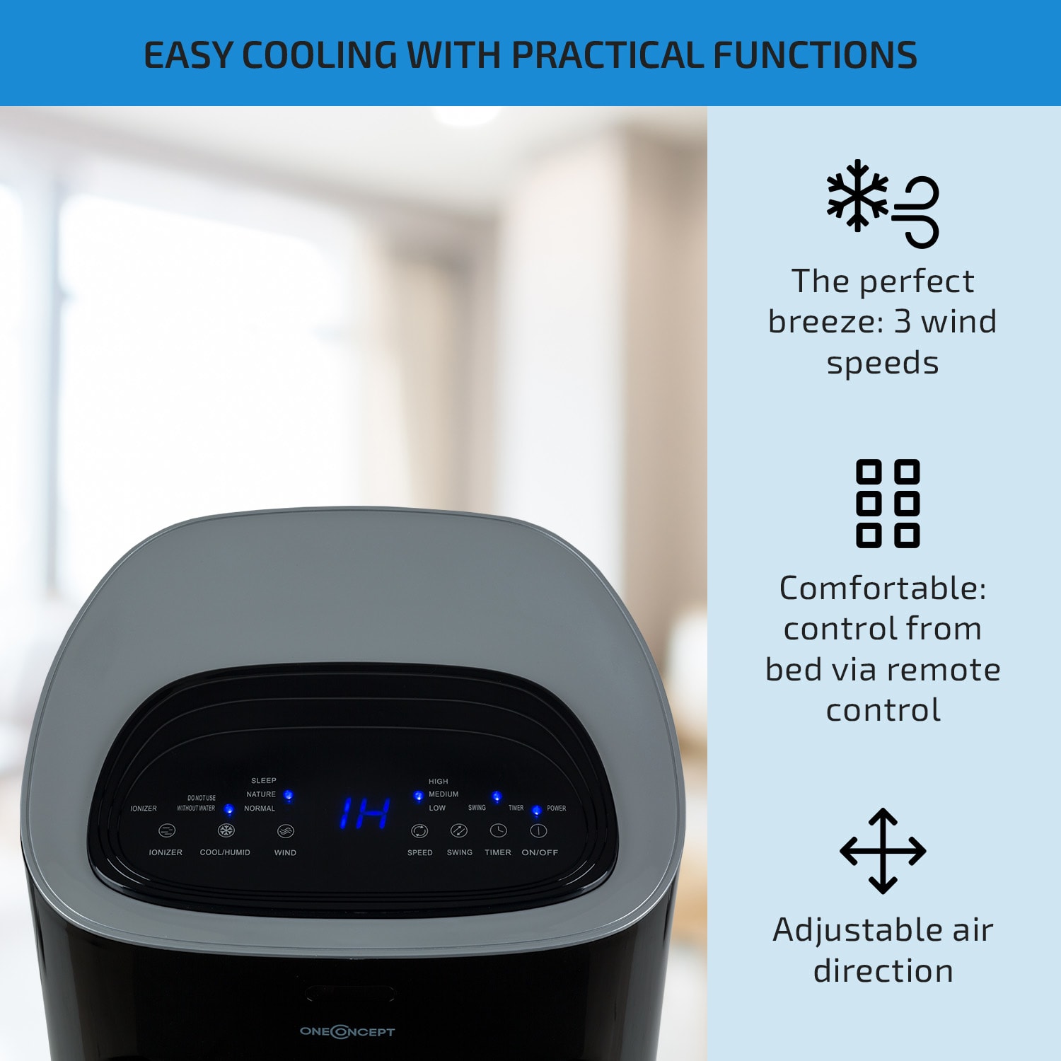OneConcept Coolster, ochladzovač vzduchu, ventilátor, ionizátor, 60 W, 320 m³/h , 4 l, čierny – Obrázok 4