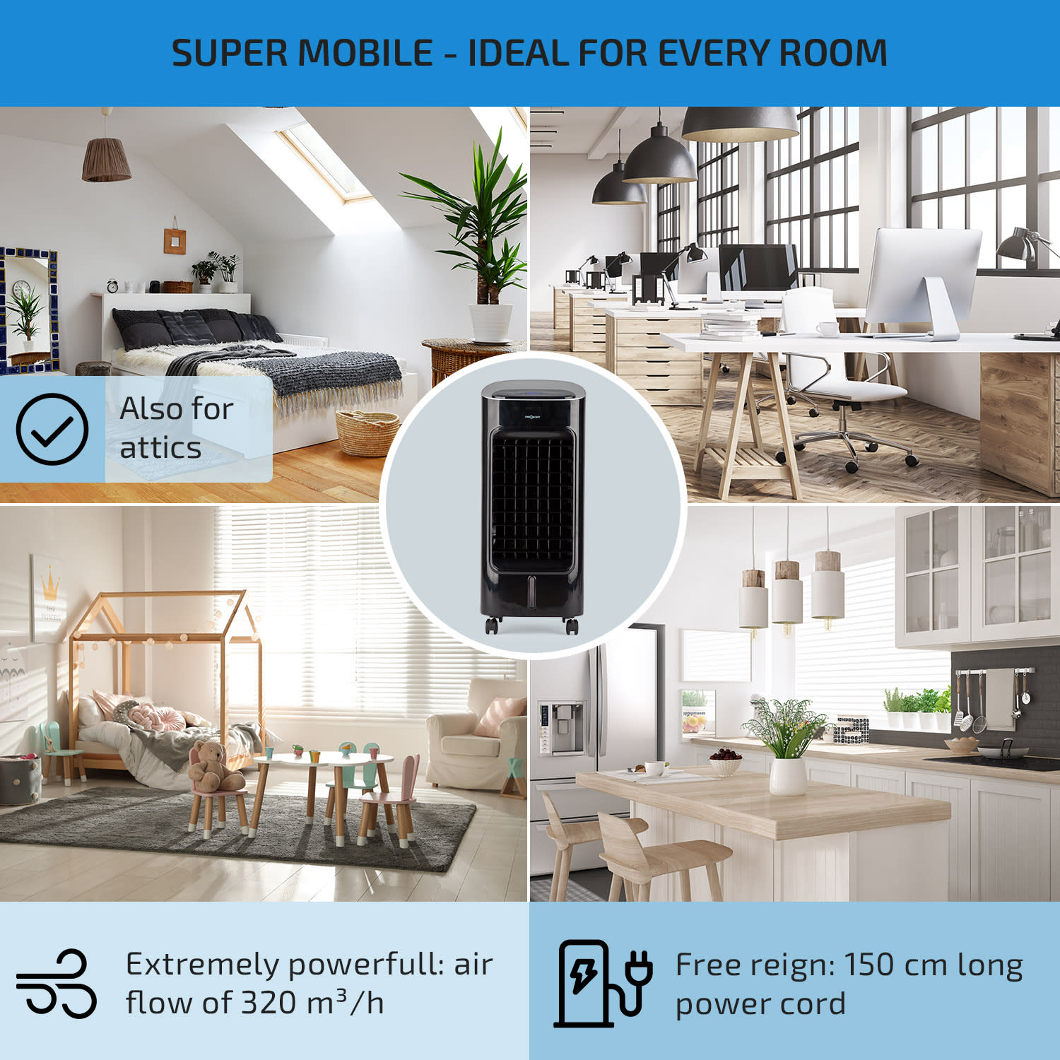 OneConcept Coolster, ochladzovač vzduchu, ventilátor, ionizátor, 60 W, 320 m³/h , 4 l, čierny – Obrázok 5