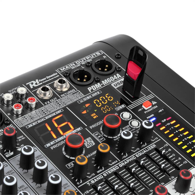 Power Dynamics PDM-M604A, mixážny pult, 6 mikrofónových vstupov, 24-bit multi-FX-procesor, USB prehrávač – Obrázok 3