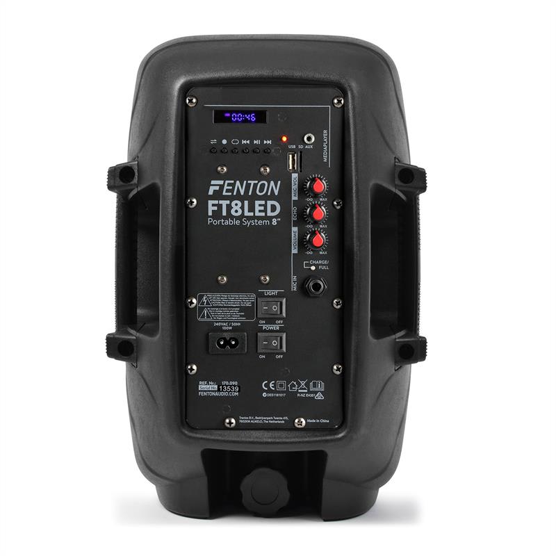Fenton FT8LED, aktívny reproduktor, 8“, 300 W, BT/USB/SD/AUX, LED, 2,2 Ah akumulátor – Obrázok 4