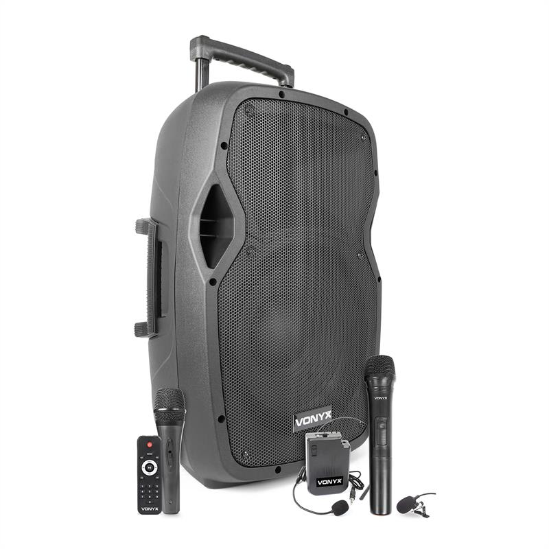 Vonyx AP1200PA, mobilný PA systém, 12" woofer, 600 W, BT/USB/SD/AUX, 3 x mikrofón, akumulátor, vozík