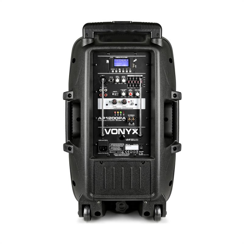 Vonyx AP1200PA, mobilný PA systém, 12" woofer, 600 W, BT/USB/SD/AUX, 3 x mikrofón, akumulátor, vozík – Obrázok 3