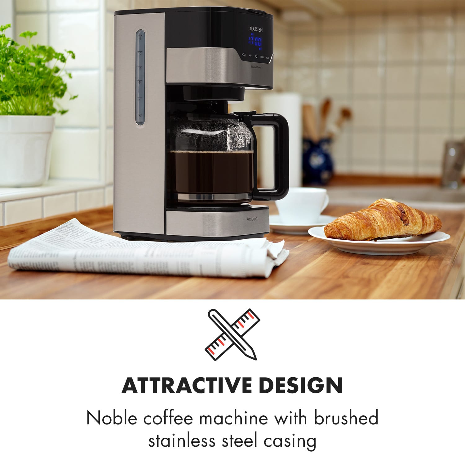 Klarstein Arabica 1.5, kávovar, 1.5 l, EasyTouch Control, strieborný/čierny – Obrázok 2