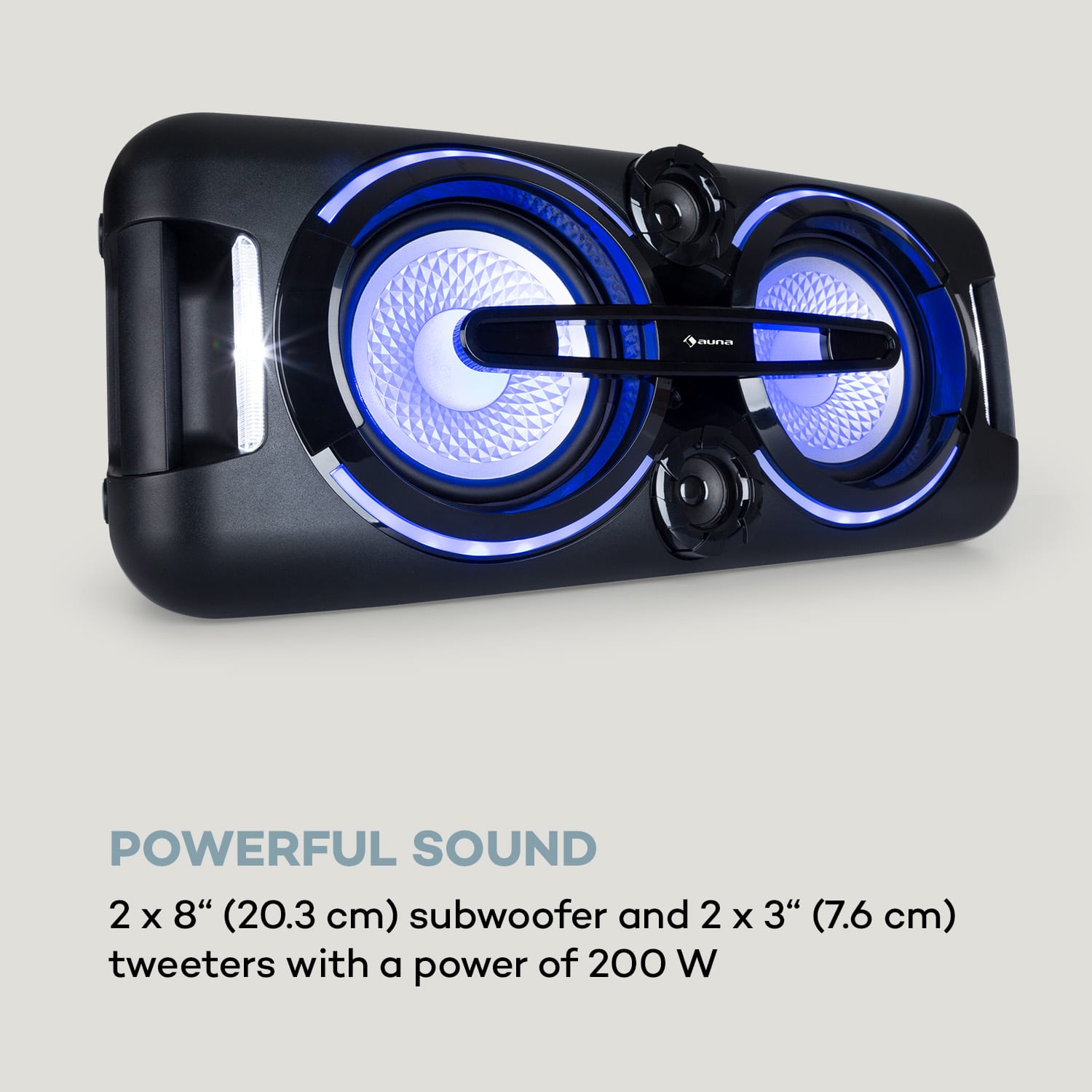 Auna Bazzter, párty zvukový systém, 2 x 50 W RMS, akumulátor, BT, USB, MP3, AUX, LED, mikrofón – Obrázok 3