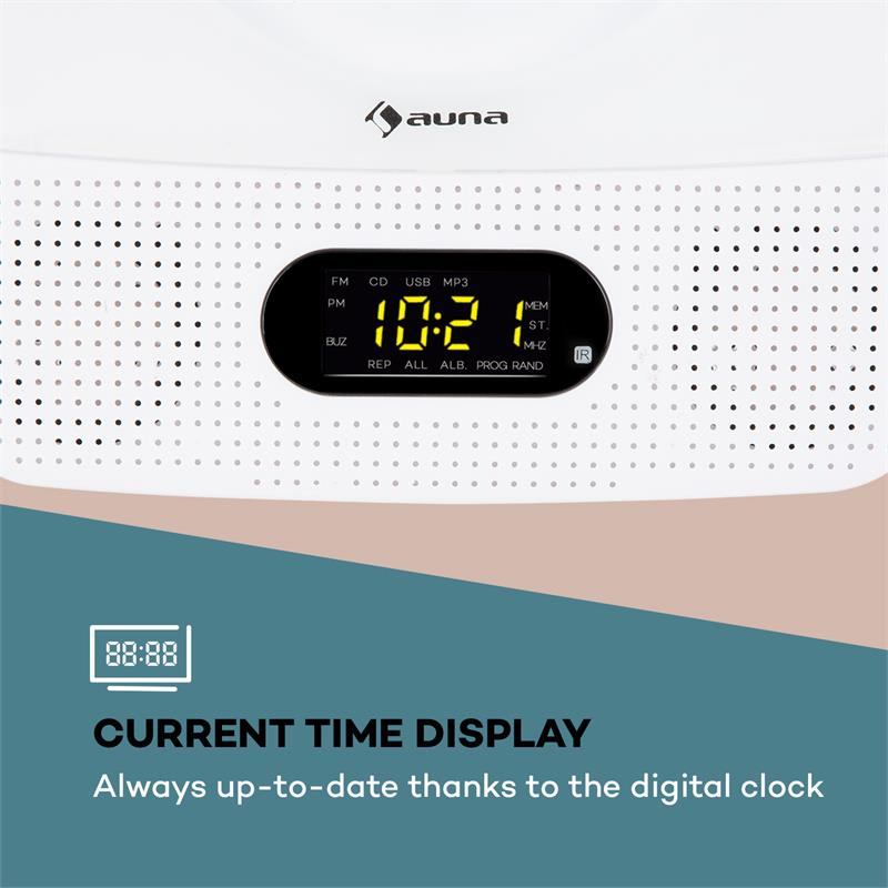 Auna Vertiplay, CD prehrávač, bluetooth, nočné svetlo, FM rádio, AUX, digitálne hodiny, biely – Obrázok 4