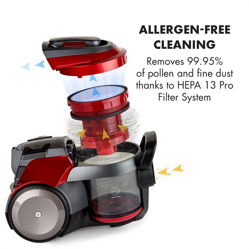 Klarstein Clean King Ergo, cyklónový vysávač, 800 W, bezvreckový, HEPA13, trieda energetickej účinnosti A, sivo/červený – Obrázok 4