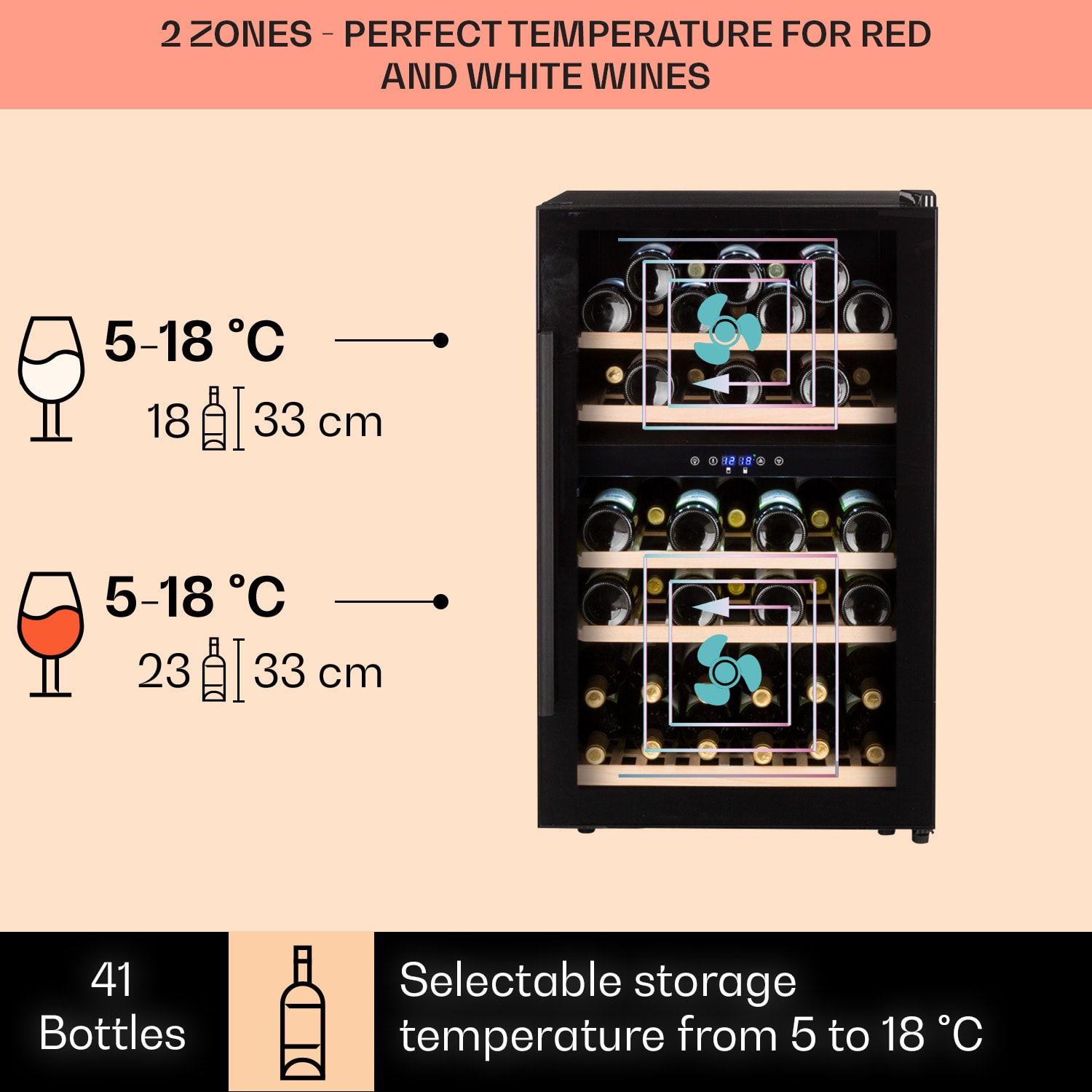 Klarstein Barossa 40D, vinotéka, 135 l, 2 zóny, 41 fliaš, sklenené dvere, dotyková – Obrázok 3