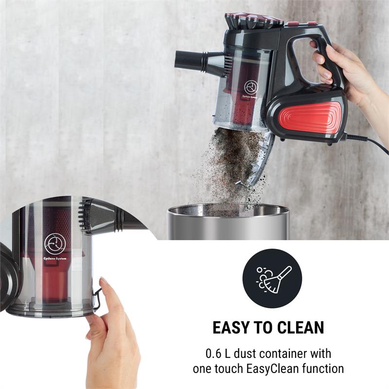 OneConcept CleanTurbo, cyklónový ručný vysávač, 600 W, MultiCyclonic System, červený – Obrázok 3