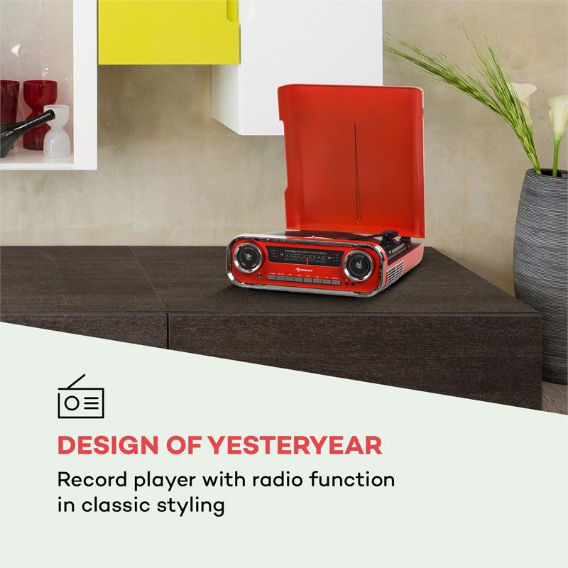 Auna Challenger, LP gramofón, bluetooth, VHF-rádio, USB, červený – Obrázok 2