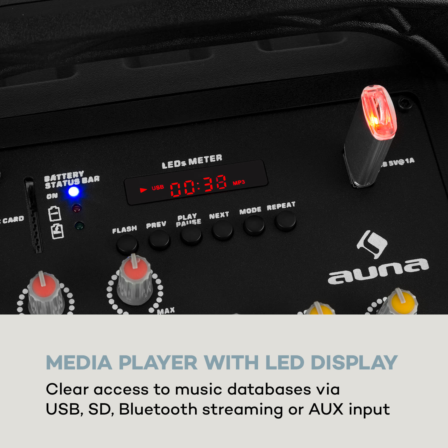 Auna Moving 80.1, LED PA systém, 8" subwoofer, max. 100 W, UHF mikrofon, USB, SD, BT, AUX, prenosný – Obrázok 5