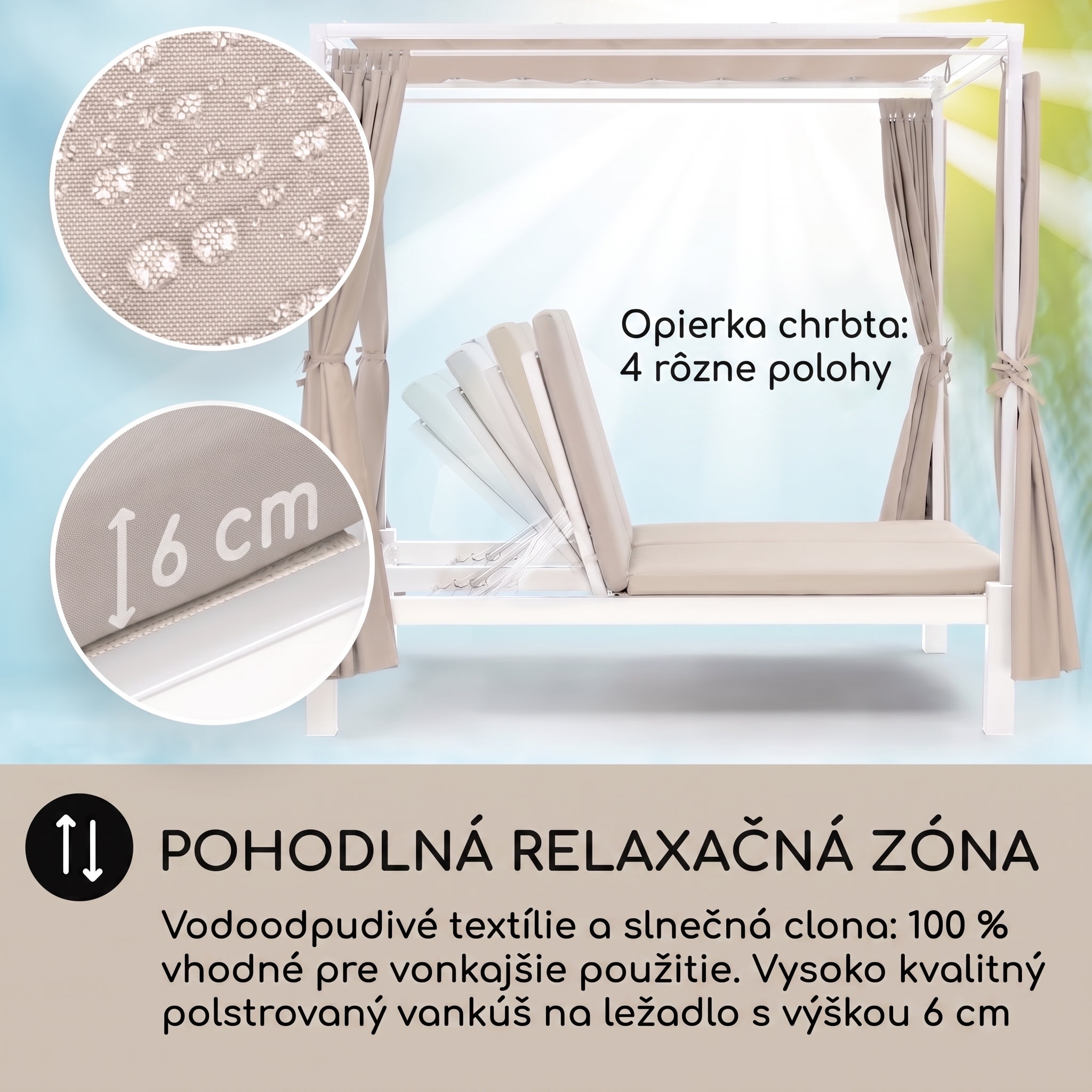 Blumfeldt Eremitage Double Sunbed, lehátko, pre 2 osoby, oceľový rám, slnečná strieška, závesy, krémové – Obrázok 2
