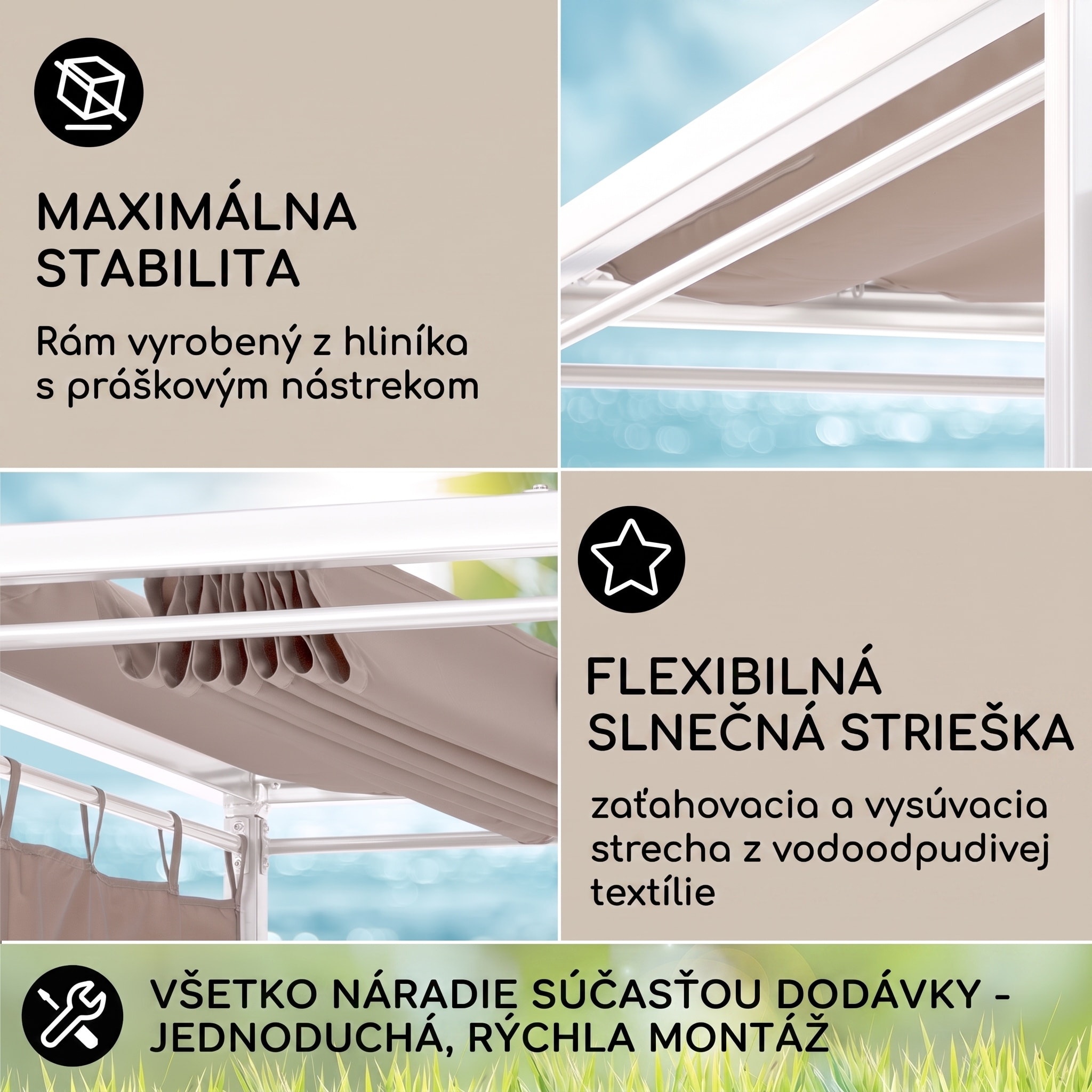 Blumfeldt Eremitage Double Sunbed, lehátko, pre 2 osoby, oceľový rám, slnečná strieška, závesy, krémové – Obrázok 3