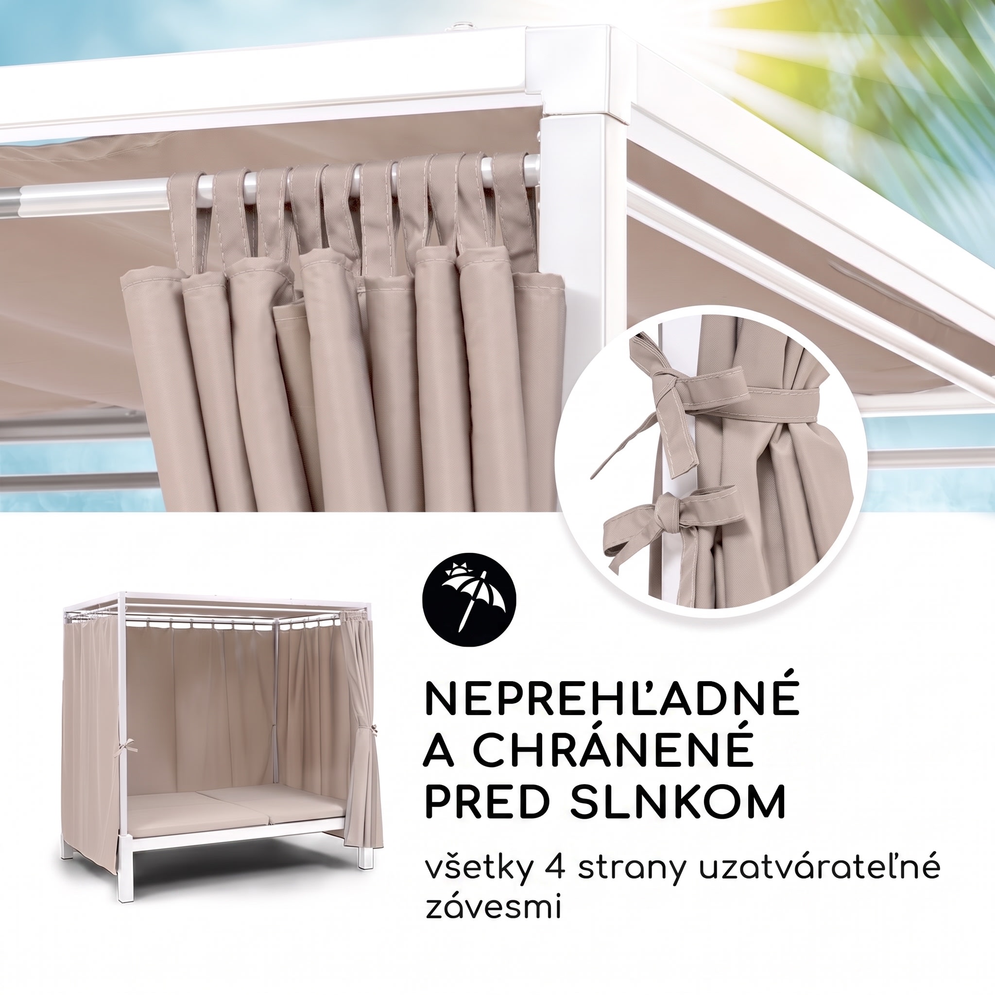 Blumfeldt Eremitage Double Sunbed, lehátko, pre 2 osoby, oceľový rám, slnečná strieška, závesy, krémové – Obrázok 4