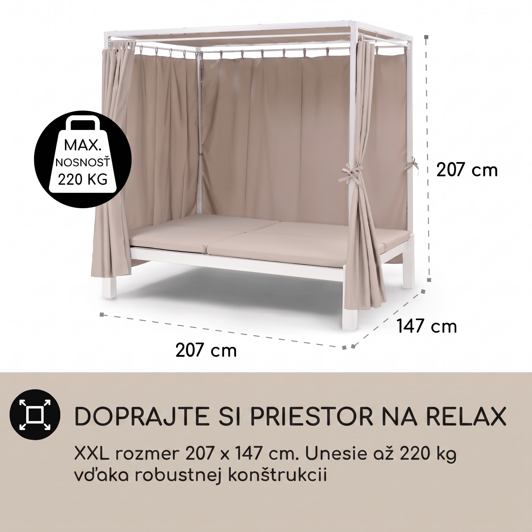 Blumfeldt Eremitage Double Sunbed, lehátko, pre 2 osoby, oceľový rám, slnečná strieška, závesy, krémové – Obrázok 5