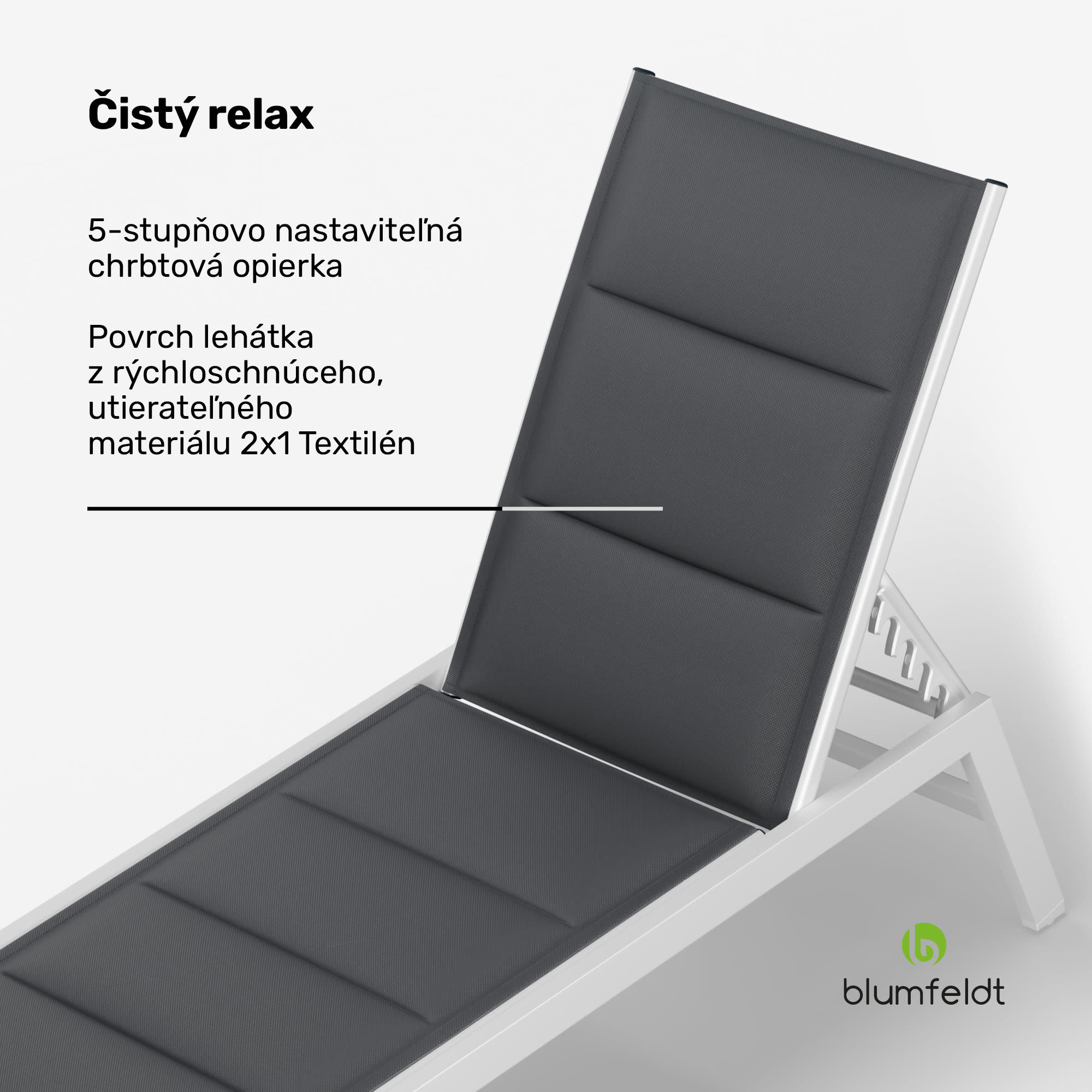 Blumfeldt Renazzo Lounge, záhradné lehátko, 70/30 PVC/PE, hliník, 6 úrovní, biele/sivé – Obrázok 2