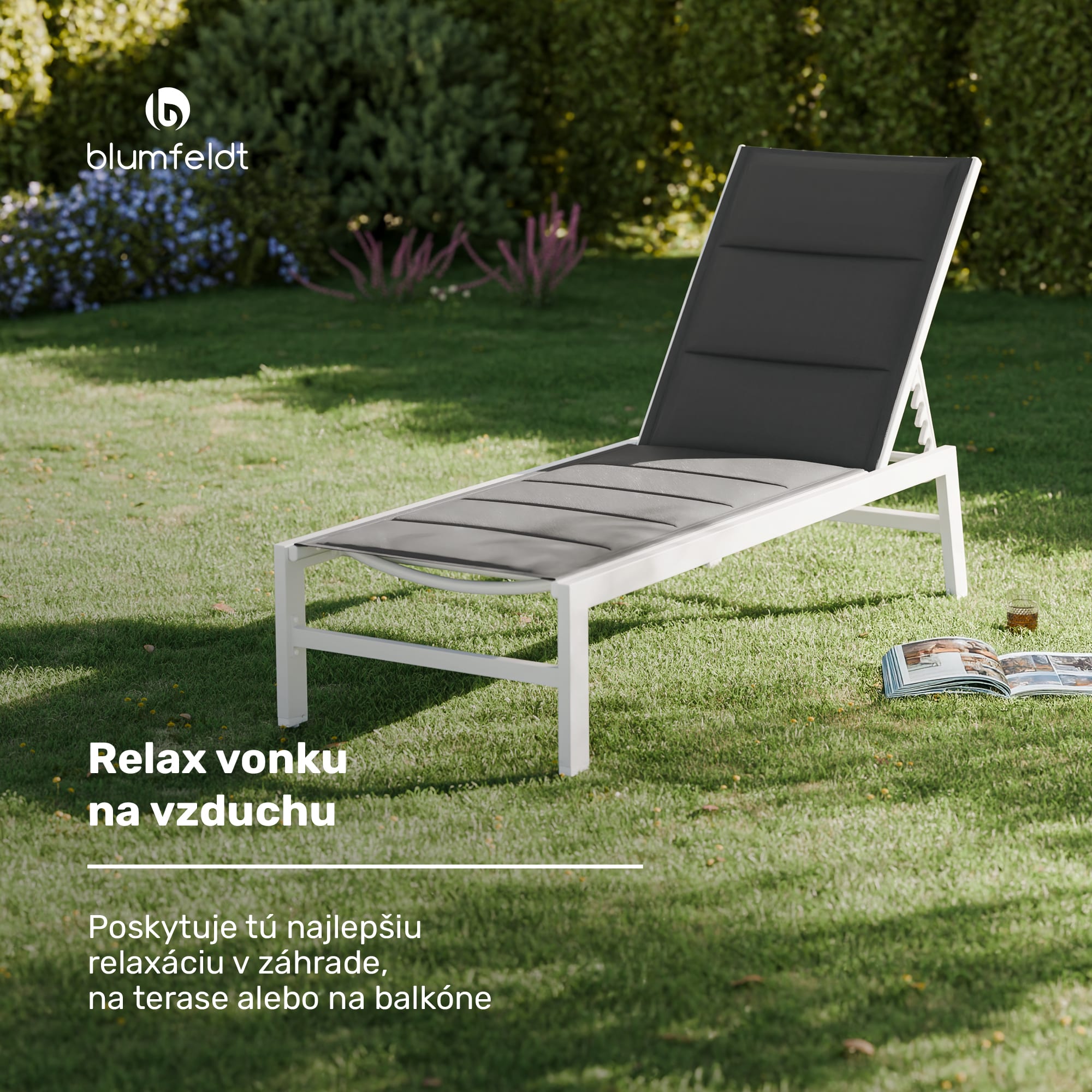 Blumfeldt Renazzo Lounge, záhradné lehátko, 70/30 PVC/PE, hliník, 6 úrovní, biele/sivé – Obrázok 3