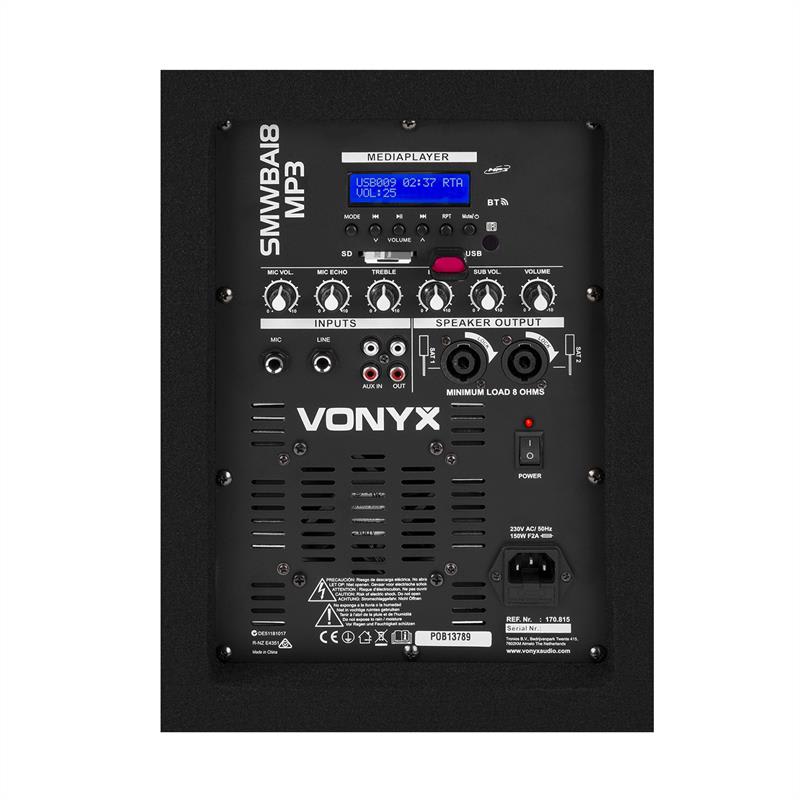 Vonyx SMWBA18, aktívny PA subwoofer, 18", 1000 W max., BT, MP3, prírubové pripojenie – Obrázok 4