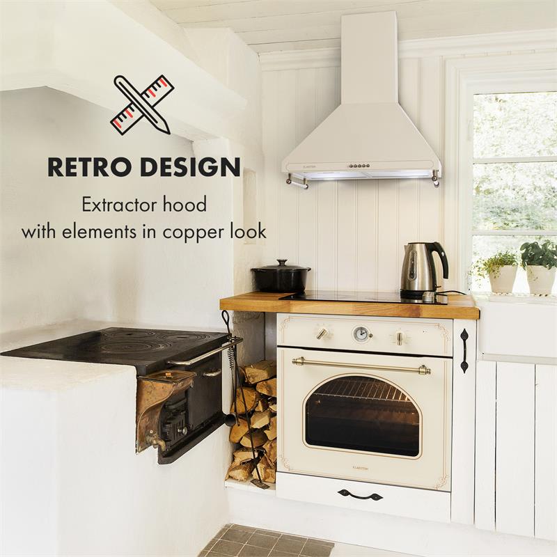 Klarstein Victoria, digestor, 60 cm, retro dizajn, 645 m³/h, 2 LED svetlá, slonová kosť – Obrázok 4