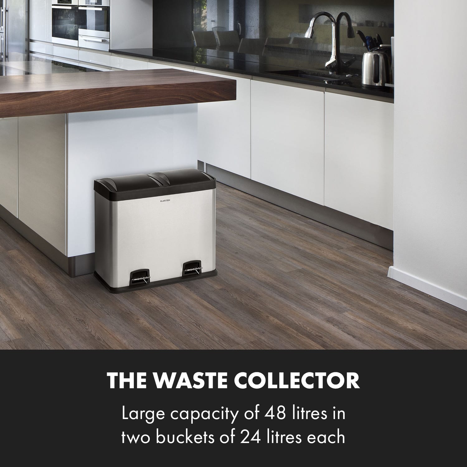 Klarstein Johnny Trash, pedálový odpadkový kôš, 48 l/2 x 24 l, PP, ušľachtilá oceľ, kartáčovaná – Obrázok 2
