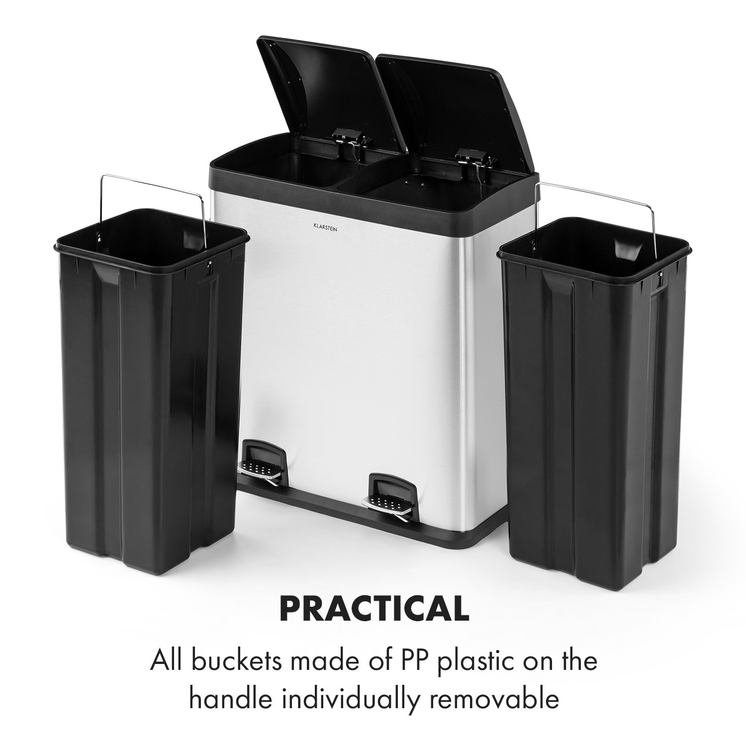 Klarstein Johnny Trash XL, pedálový odpadkový kôš, 60 l/2 x 30 l, PP, ušľachtilá oceľ, kartáčovaná – Obrázok 5