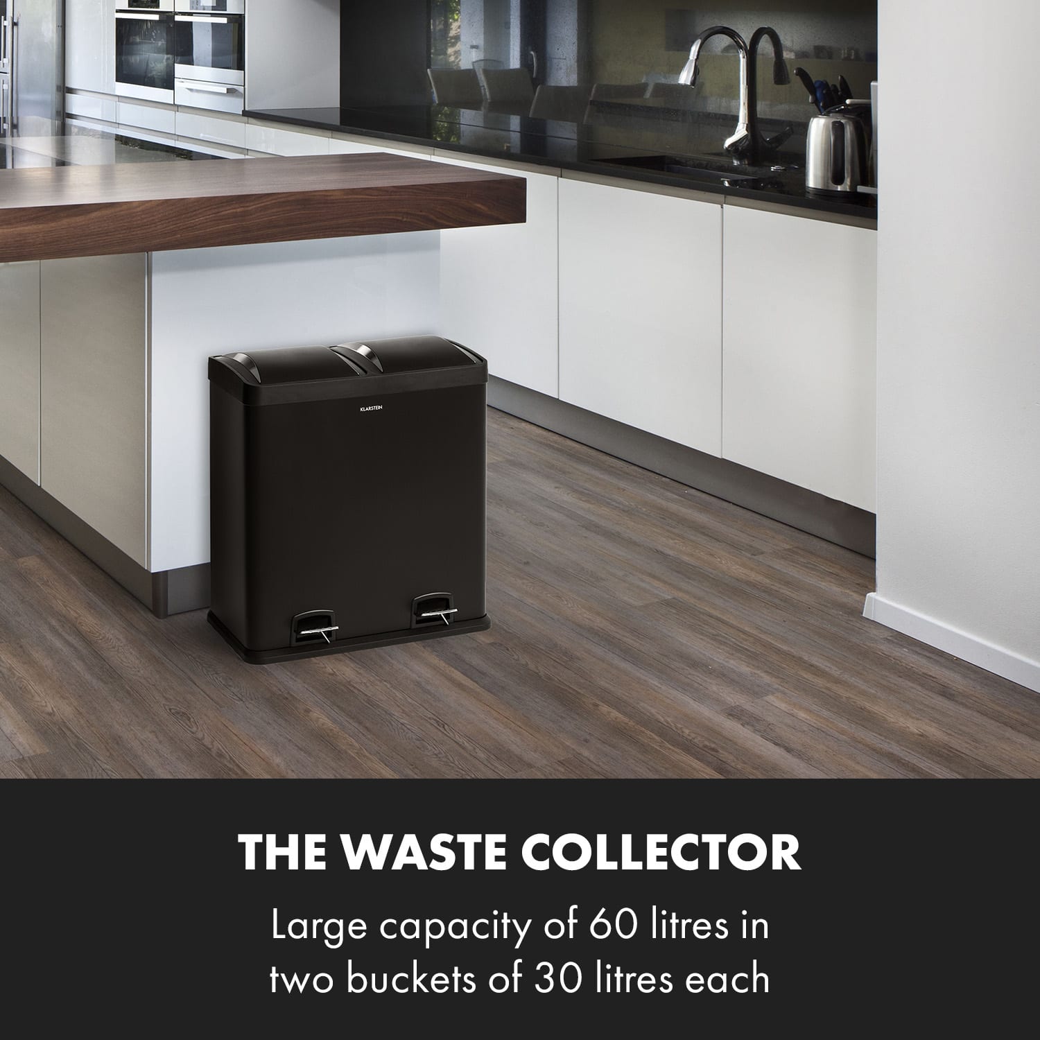 Klarstein Johnny Trash XL, pedálový odpadkový kôš, 60 l/2 x 30 l, PP, ušľachtilá oceľ, čierny