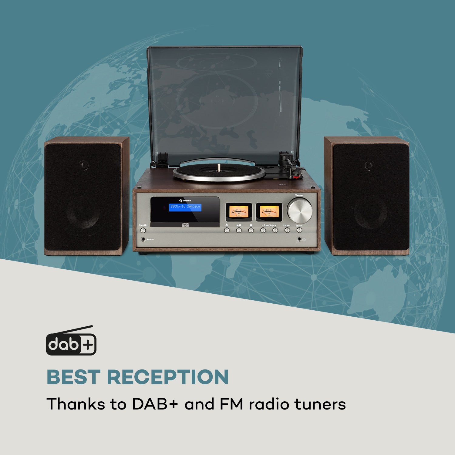 Auna Oxford, retro stereo systém, DAB+/FM rádio, BT funkcia, vinyl, CD, AUX, tmavosivý – Obrázok 3