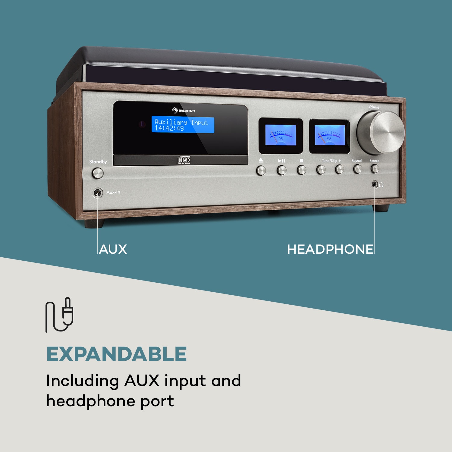 Auna Oxford, retro stereo systém, DAB+/FM rádio, BT funkcia, vinyl, CD, AUX, tmavosivý – Obrázok 5