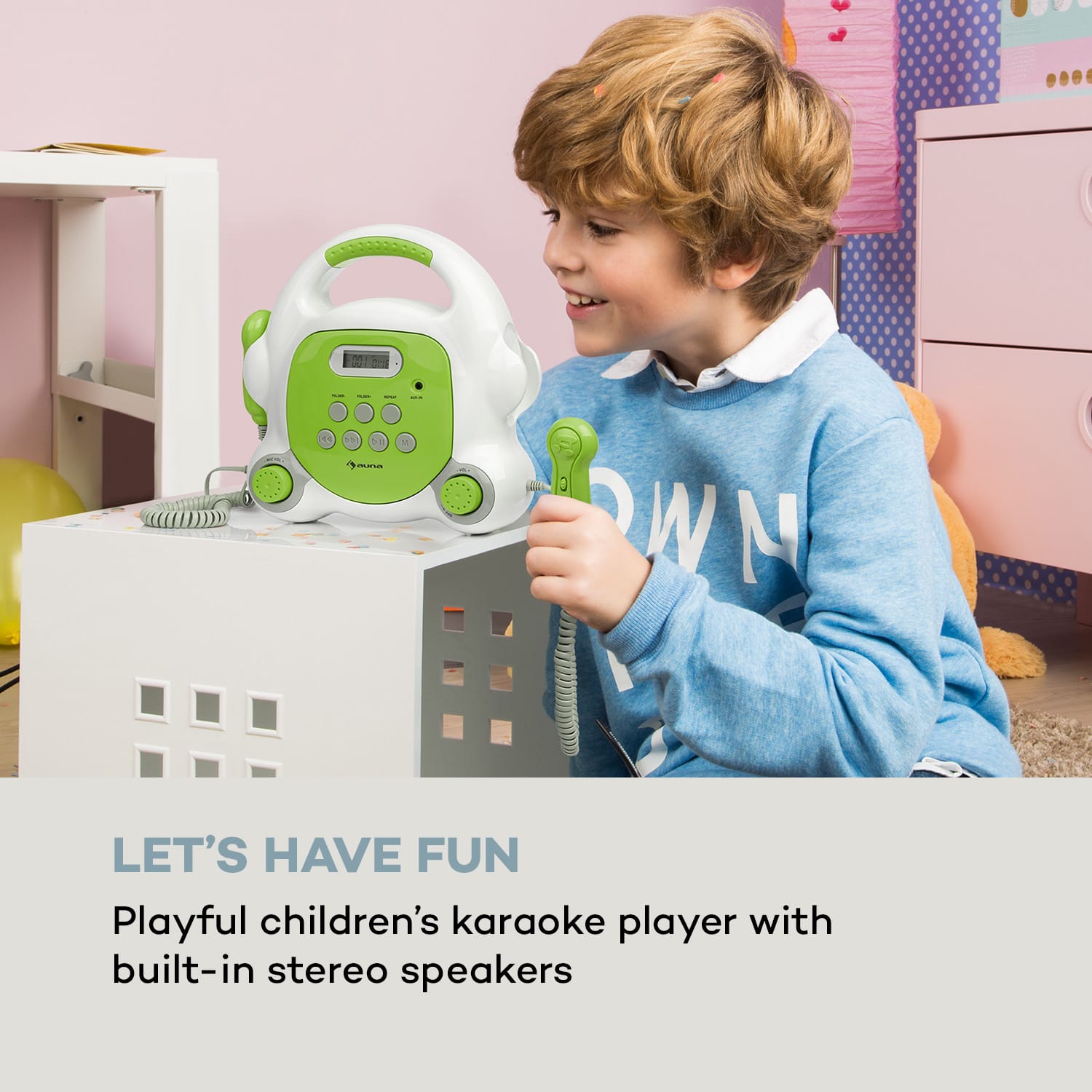 Auna Pocket Rocker BT, karaoke prehrávač, BT, USB-port, MP3, 2x mikrofón, zelený – Obrázok 2