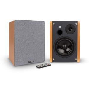 Auna Linie 500 A, regálové reproduktory, pár aktívnych reproduktorov, 2 x 30 W, opt/koax vstup, drevený vzhľad