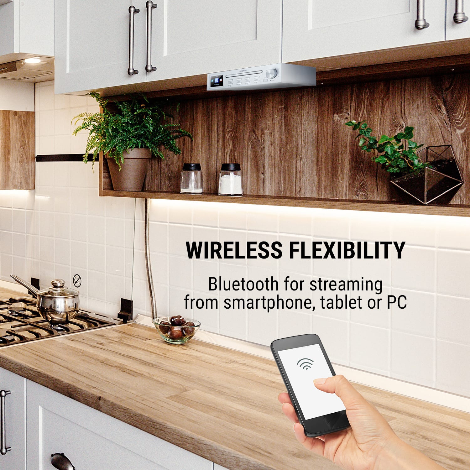 OneConcept Streamo Chef, kuchynské rádio, CD prehrávač, BT, 2,4" HCC displej, biele – Obrázok 4