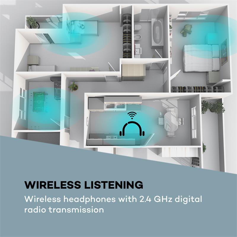 Auna Stereoskop, bezdrôtové slúchadlá so stetoskopickou konštrukciou, do uší, 20 m, 2,4 GHz, TV/HiFi/CD/MP3, akumulátor, sivé – Obrázok 3