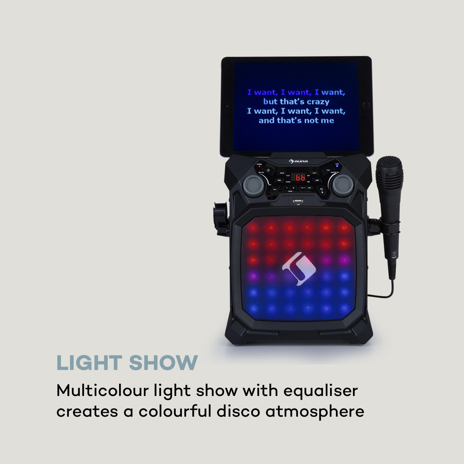 Auna Rockstar LightShow, karaoke zariadenie, bluetooth, USB, Line-In/Out, 2 x 6,3mm, čierne – Obrázok 4