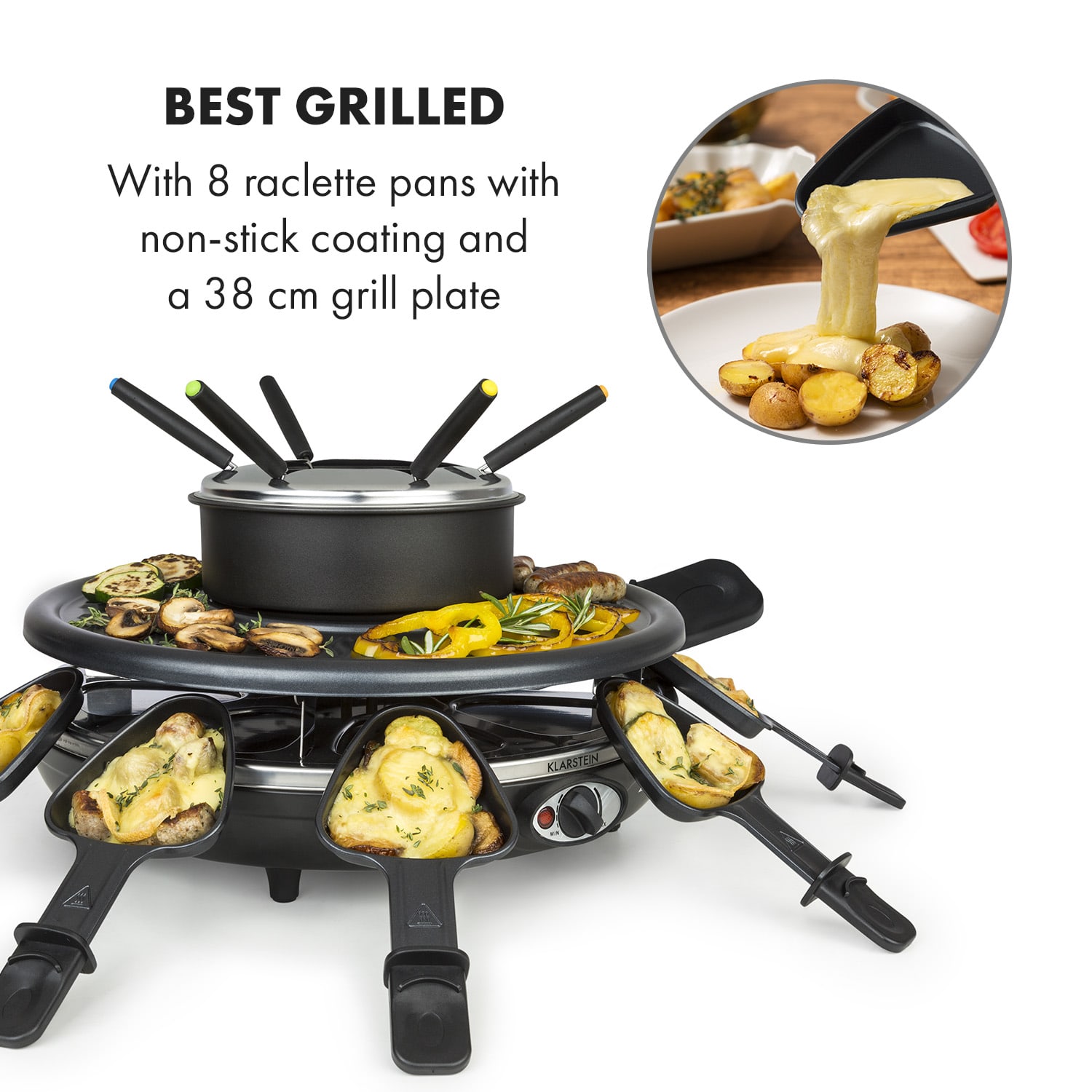 Klarstein Fonduelette, raclette gril s fondue, 1350 W, 1 l, Ø 38 cm, pre 8 osôb – Obrázok 3